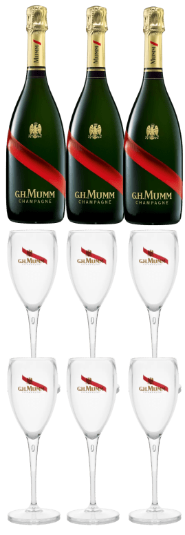 Mumm Champagne Brut (3 bottles + 6 Mumm Glass Flutes)